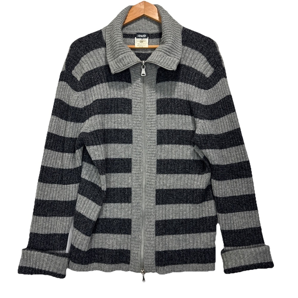 VTG Y2K D&G Dolce‎ & Gabbana Striped Zip Cardigan Womens 52 Grey Ribbed Knit